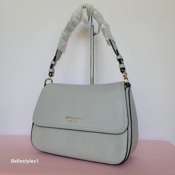 KATE SPADE Hudson Pebbled Leather Medium Flap Convertible Shoulder Bag-Platinum⭐ - Picture 3 of 16